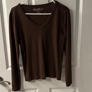 Eddie Bauer Women's Dark Brown Long Sleeve V-Neck Top